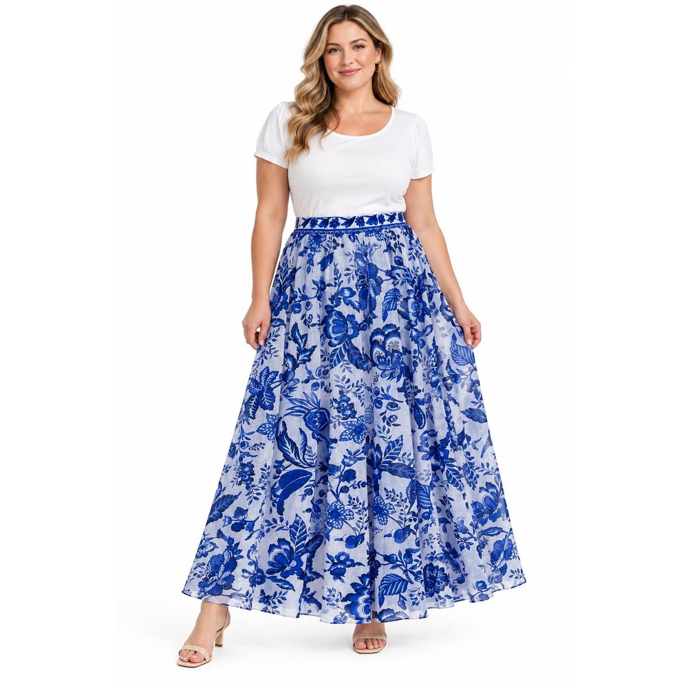 Floral Mesh Maxi Skirt Size 14-16 Blue White Cottagecore Boho Flowy